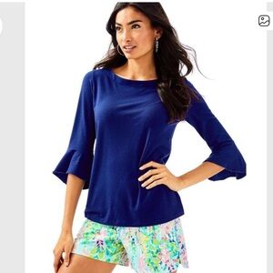 Lilly Pulitzer sz S Fontaine top blue boat neck bell sleeves preppy classic navy